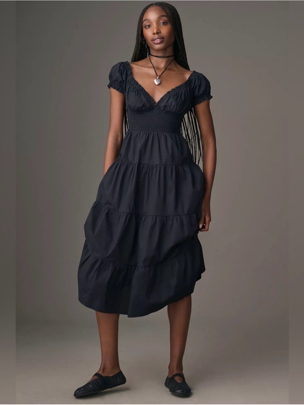WeWoreWhat x Anthropologie Poplin Midi Dress XS Puff Sleeve Milkmaid Black